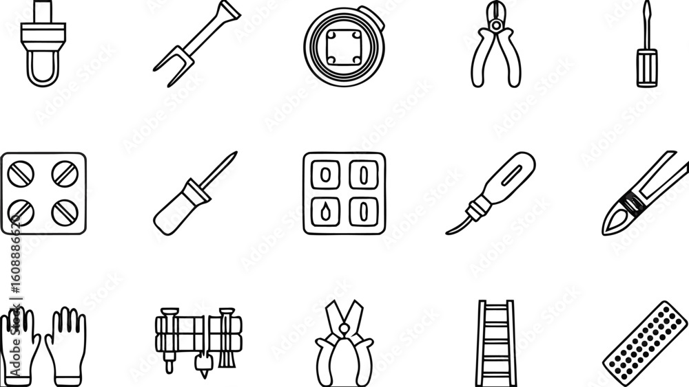Obraz premium Hand Tools and Repair Icons – Line Art Set of Screwdrivers, Pliers, Gloves & Ladder