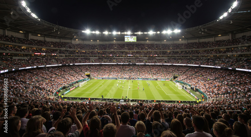 Vast stadium filled with cheering fans during a night .