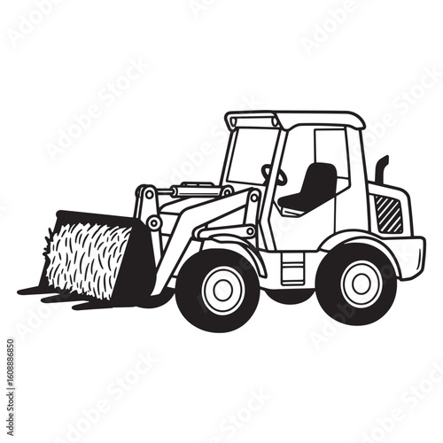Vector illustration of a black and white front end loader for construction and agriculture