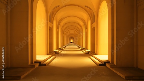 A long, symmetrical hallway with arched doorways stretches into the distance, bathed in a warm, golden light