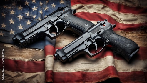Two black semi-automatic pistols are laid on a distressed and folded American flag on a dark wooden surface. Concept of gun rights, military, or law enforcement in the USA