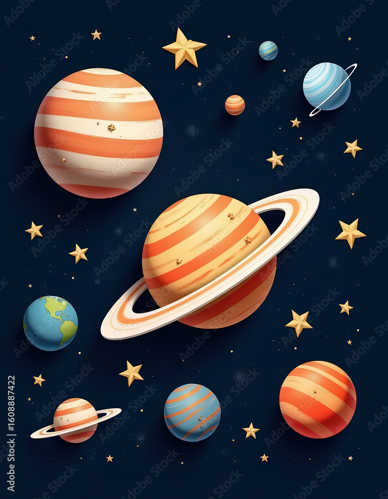 Fototapeta premium Colorful planets with rings and stars on dark cosmic background depicting an imaginative space scene with copy space