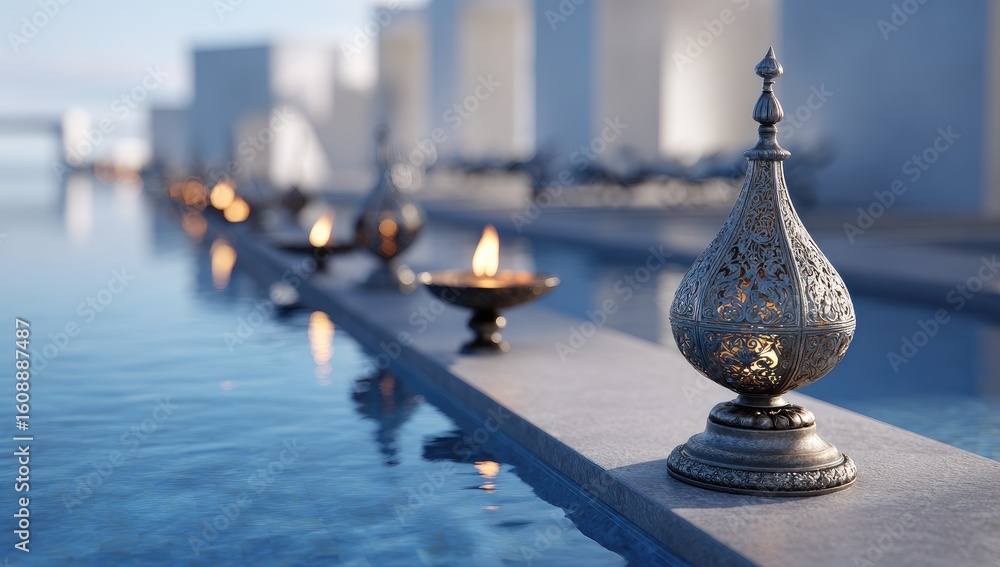 Obraz premium Ornate lamps by a pool, outdoor setting