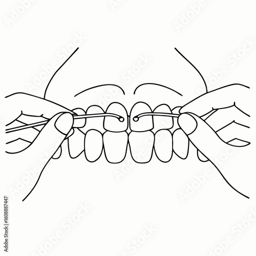 flossing front teeth using dental floss black line drawing for hygiene guide