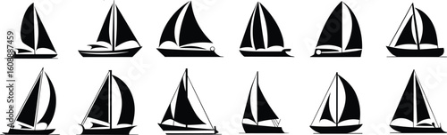 Black sailboat icons collection, vector yacht silhouette set, sailing boat illustration design, isolated nautical elements, maritime symbol pack

 flat vector illustration