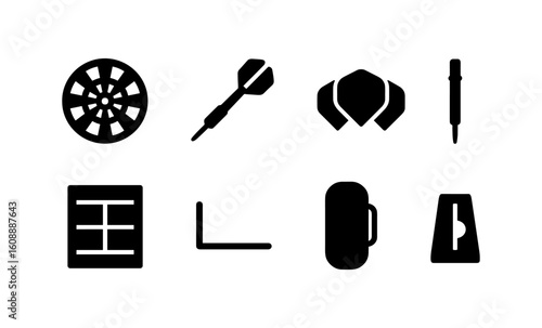 Simple black silhouette icons: dartboard, dart, globus, document, sofa, door handle, clothes hanger