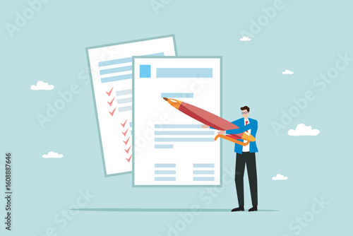 Businessman with Giant Pen Signing and Approving Business Contracts illustration