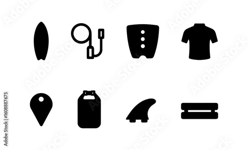 Surfing essentials icons: simple black silhouettes of gear and apparel