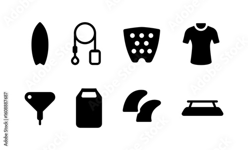 Surfing equipment icons set: board, leash, traction pad, wetsuit and more in silhouette style