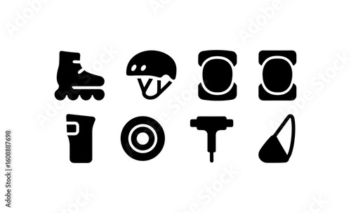 Inline skating gear icons: boots, helmet, tools and protective pads in silhouette design