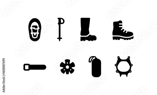 Silhouette icons of mountain climbing gear for outdoor adventure enthusiasts