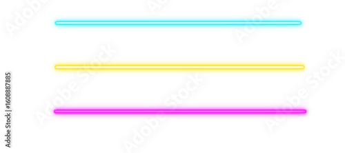 Three horizontal neon lines in blue yellow and pink on a white background