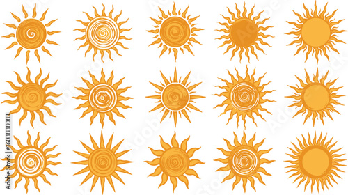 Set of decorative sun icons in hand-drawn style, bright yellow sunburst designs for summer themes, weather graphics, boho decor