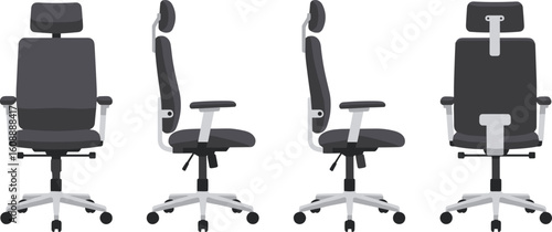 Ergonomic office chair illustration, modern adjustable desk seat, swivel chair with wheels, side and back views, workplace furniture design