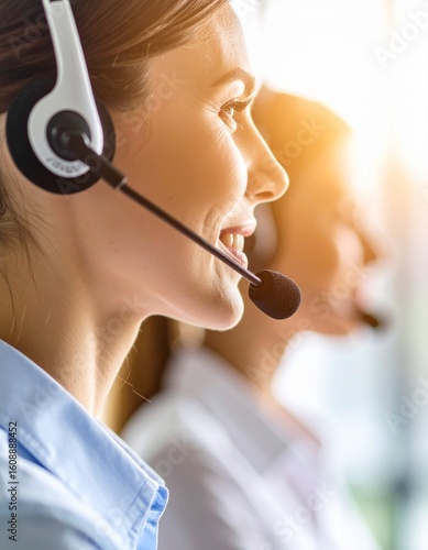 Close-up of a call center employee wearing a headset – focus on microphone and mouth area