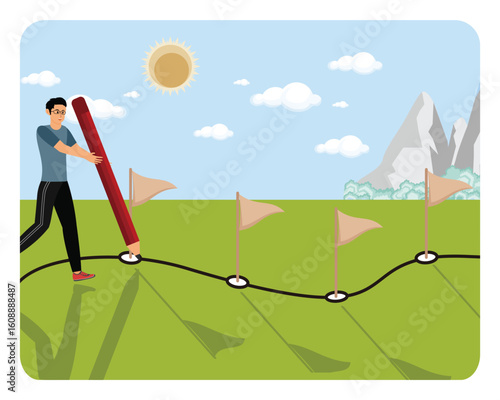 Work experience or road map. Man using pencil to draw workflow line with achievement flag milestones.