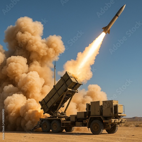 US Patriot missile system launching interceptor in desert – high-speed military defense scene
