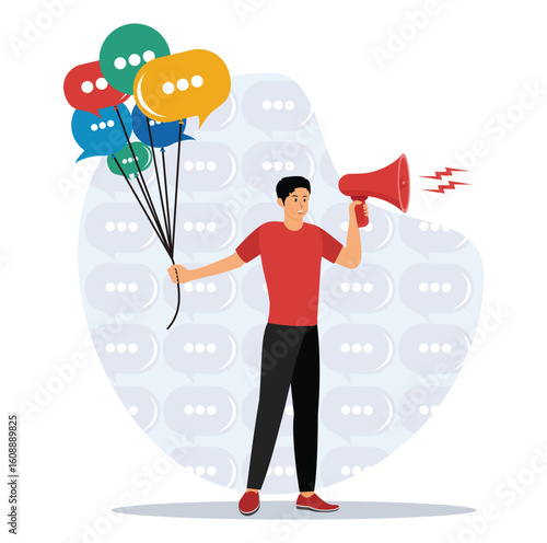 Announce sales or promotion. Businessman holding speech bubble balloons while talking on megaphone.