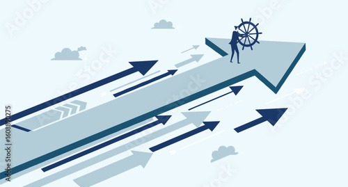 Business Leader Steering Growth and Success, Navigating Forward with Vision and Strategy, Achieving Ambitious Goals and Overcoming Challenges on the Path to Progress flat vector illustration