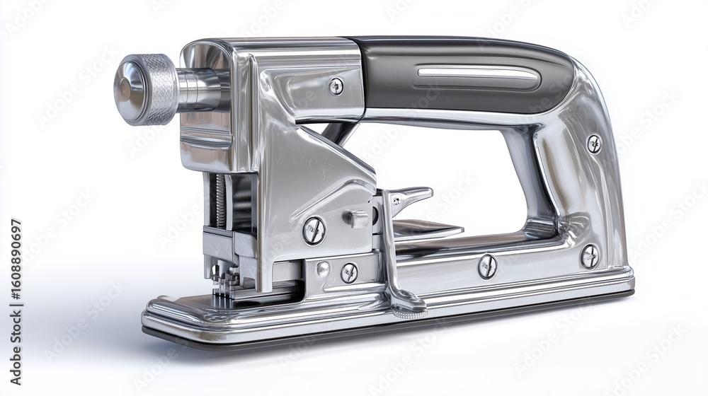 Fototapeta premium Close-up of a Chrome Heavy-Duty Staple Gun on White Background for Industrial Use