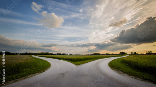 A dramatic split in the road under a moody sky, symbolizing life's pivotal choices.