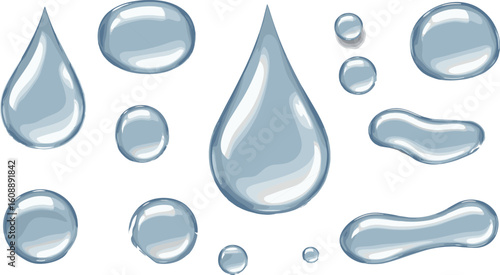 Realistic water drops and bubbles collection, transparent liquid droplets, aqua elements, clean fresh water graphics, 3D hydration design elements