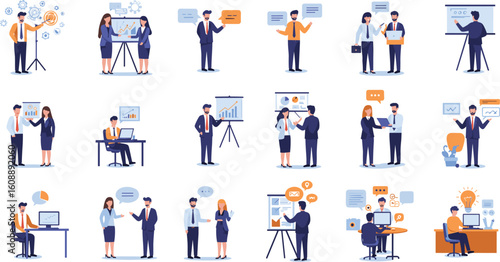 Business meeting illustration, corporate teamwork planning, data analysis chart, business communication, leadership concept, professional workspace