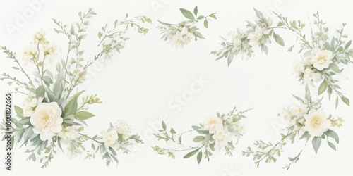 Elegant Handpainted Watercolor Floral Clipart Set Featuring Ivory White Flowers, Dusty Green Leaves, Butter Yellow Blooms, and Dusty Blue Accents on Transparent Background
