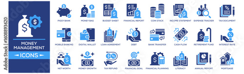 Money Management icon collection set. Containing design Piggy Bank, Money Bag, Budget Sheet, Financial Report, Coin Stack. Solid icon collection.