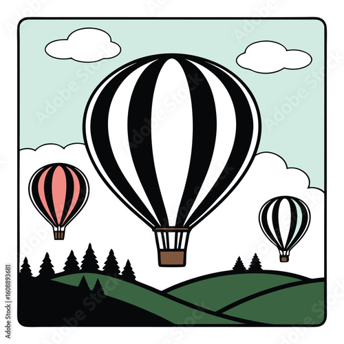 Three hot air balloons ascend over rolling green hills and pine trees under a light blue sky with clouds