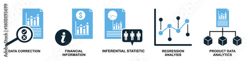 Set data analysis icon vector. Perfect for representing comprehensive data interpretation, statistical tools, or analytical processes.