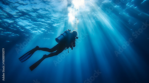 Illustration of a scuba diver swimming in the deep blue ocean with diving gear and an oxygen tank. Illustration for banner and poster background.