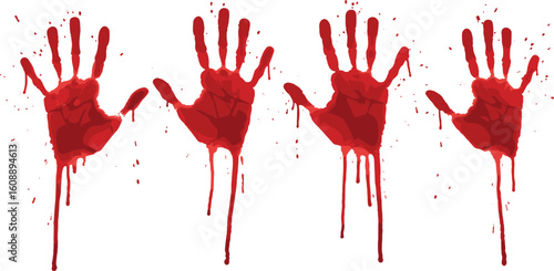 Bloody handprints vector set, dripping red hands for horror themes, crime scenes, Halloween decorations, murder mystery, scary party design