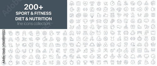 Sport and fitness, diet and nutrition line icons collection. Set of line icons representing sports equipment, workouts, healthy food, fitness goals, supplements, and physical wellness