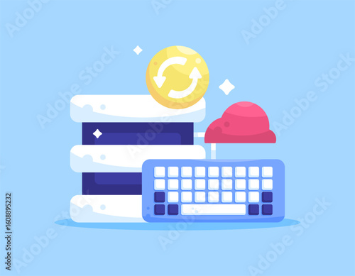 a data entry concept. Entering, processing, and managing data into a computer system or database. Illustration of a keyboard with server, cloud, and update symbols. Flat style design. Blue background