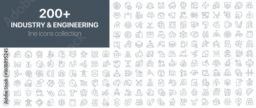 Industry and engineering line icons collection. Outline icons focused on industrial equipment, mechanical processes, factory automation, engineering tools, production systems, and power generation