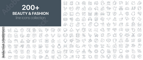 Beauty and fashion line icons collection. Outline icons representing cosmetics, skincare, hair styling, salon tools, fashion accessories, and wellness treatments