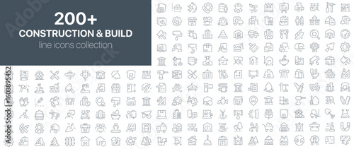 Construction and build line icons collection. Outline icon set featuring construction tools, building materials, site elements, structures, measuring equipment, and house renovation symbols