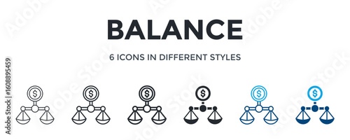 Balance Icon In Different Style Vector Illustration. Designed In Thin Line, Regular Line, Bold Line, Glyph, Color Line, And Color Glyph Style Can Be Used For Web