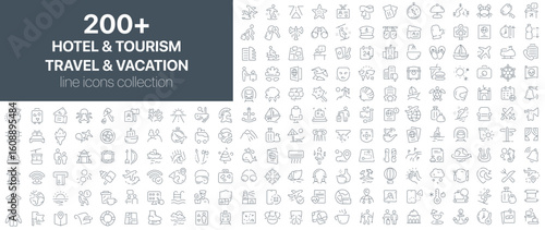 Hotel and tourism, travel and vacation line icons collection. Set of thin line icons showing travel elements, tourism, vacation activities, hotel services, booking, and trip planning