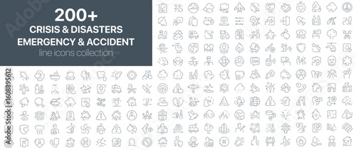 Crisis and disaster, emergency and accident icons collection illustrating emergency situations, natural disasters, rescue operations, survival, and safety measures in clean linear style