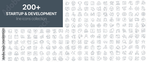 Startup and development icons collection illustrating innovation, entrepreneurship, business growth, teamwork, idea generation, and productivity processes in modern linear design