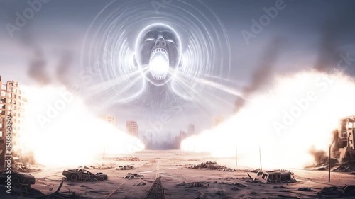 Apocalyptic Cityscape with Glowing Figure Screaming, Destruction and Devastation Depicted