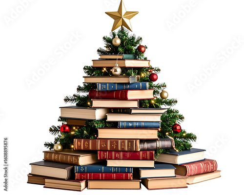 - Christmas Tree Shaped from Stacked Books and Fairy Lights, Creative Concept, PNG