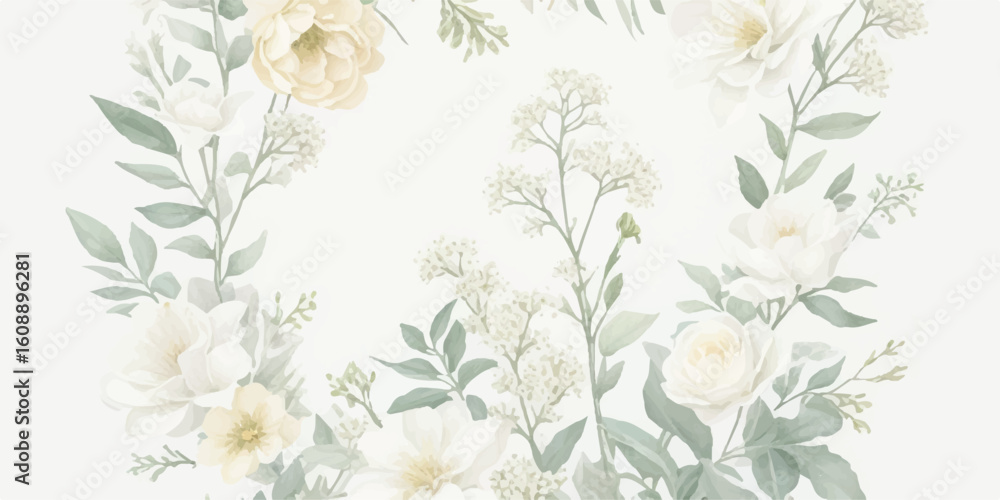 Fototapeta premium Delicate Pastel Floral Clipart in Watercolor Style Featuring Ivory Flowers, Butter Yellow Petals, and Dusty Blue-Green Leaves 