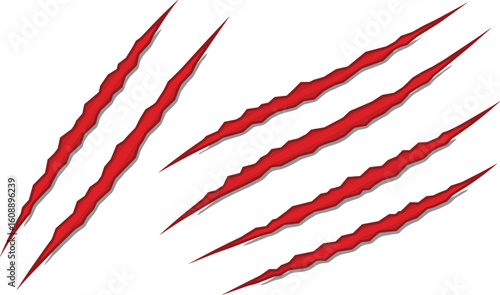 Red claw scratch marks set, sharp animal slashes, monster attack effects, vector ripped skin illustration for horror, tattoo, Halloween designs