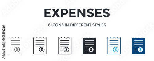 Expenses Icon In Different Style Vector Illustration. Designed In Thin Line, Regular Line, Bold Line, Glyph, Color Line, And Color Glyph Style Can Be Used For Web