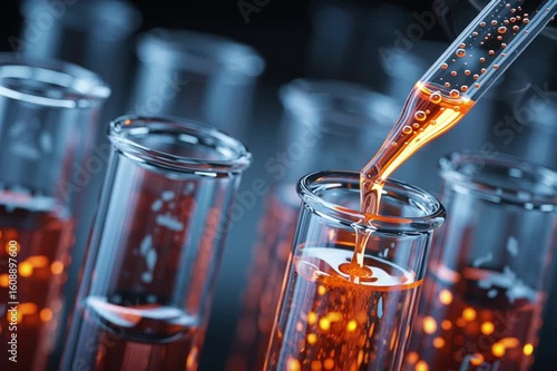 Close-Up of Pipette Dropping Glowing Liquid into Test Tube in Laboratory