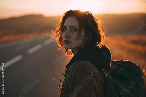 Young Backpacker Standing on Rural Road at Sunset