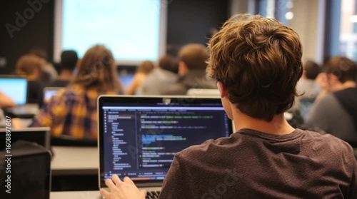 Student Coding on Laptop in Classroom During Programming Lesson